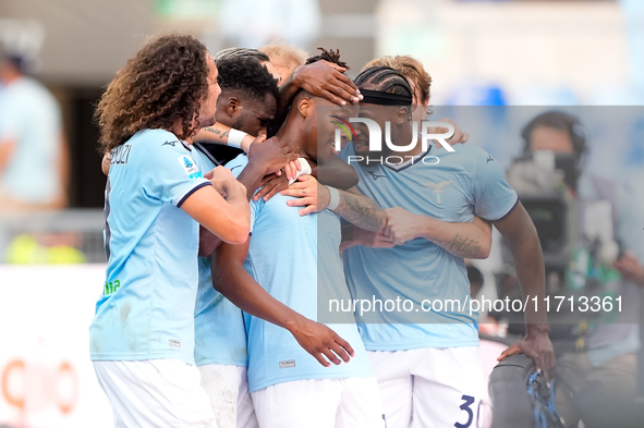 Tijjani Noslin of SS Lazio celebrates after scoring first goal during the Serie A Enilive match between SS Lazio and Genoa CF at Stadio Olim...