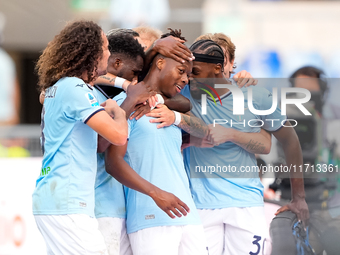 Tijjani Noslin of SS Lazio celebrates after scoring first goal during the Serie A Enilive match between SS Lazio and Genoa CF at Stadio Olim...