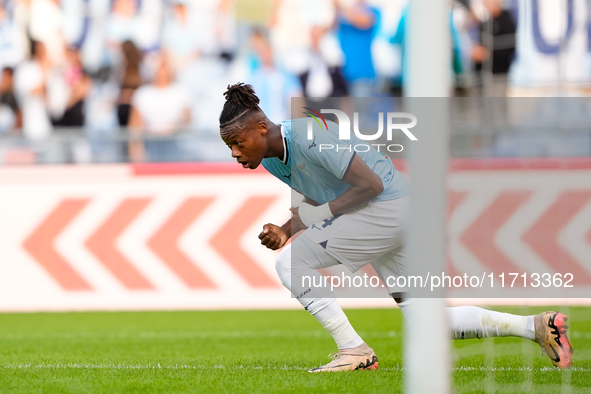 Tijjani Noslin of SS Lazio celebrates after scoring first goal during the Serie A Enilive match between SS Lazio and Genoa CF at Stadio Olim...