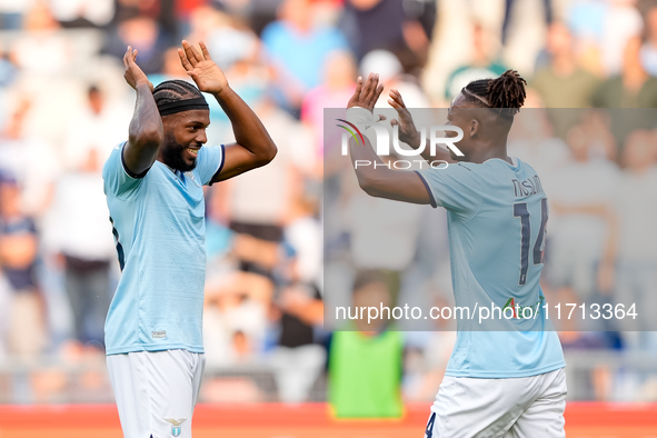 Tijjani Noslin of SS Lazio celebrates after scoring first goal during the Serie A Enilive match between SS Lazio and Genoa CF at Stadio Olim...