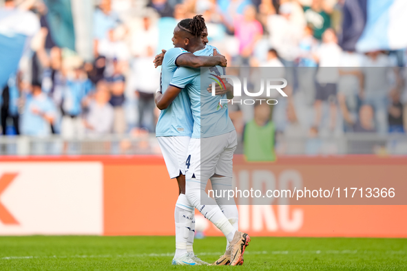 Tijjani Noslin of SS Lazio celebrates after scoring first goal during the Serie A Enilive match between SS Lazio and Genoa CF at Stadio Olim...