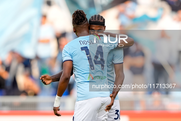 Tijjani Noslin of SS Lazio celebrates after scoring first goal during the Serie A Enilive match between SS Lazio and Genoa CF at Stadio Olim...