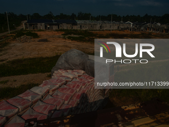 Porters load sacks of cement at the port of Belawan for the USU Residence III housing complex in Patumbak, Deli Serdang, North Sumatra, on O...