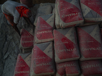 Porters load sacks of cement at the port of Belawan for the USU Residence III housing complex in Patumbak, Deli Serdang, North Sumatra, on O...