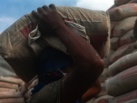 Porters load sacks of cement at the port of Belawan for the USU Residence III housing complex in Patumbak, Deli Serdang, North Sumatra, on O...