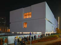 People wait in line outside the new Museum of Modern Art (Muzeum Sztuki Nowoczesnej) in Warsaw, Poland on 25 October, 2024. (