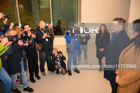 Mayor Rafal Trzaskowski is seen with media during the official opening at the opening of the new Museum of Modern Art (Muzeum Sztuki Nowocze...