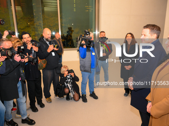 Mayor Rafal Trzaskowski is seen with media during the official opening at the opening of the new Museum of Modern Art (Muzeum Sztuki Nowocze...