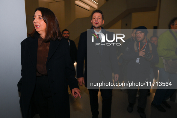 Mayor Rafal Trzaskowski is seen with media during the official opening at the opening of the new Museum of Modern Art (Muzeum Sztuki Nowocze...