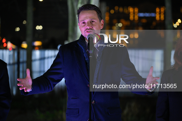 Mayor Rafal Trzaskowski speaks during the official opening at the opening of the new Museum of Modern Art (Muzeum Sztuki Nowoczesnej) in War...