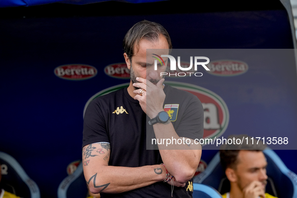 Alberto Gilardino head coach of Genoa CFC seems thoughtfulduring the Serie A Enilive match between SS Lazio and Genoa CF at Stadio Olimpico...