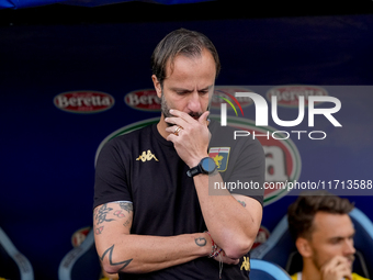 Alberto Gilardino head coach of Genoa CFC seems thoughtfulduring the Serie A Enilive match between SS Lazio and Genoa CF at Stadio Olimpico...