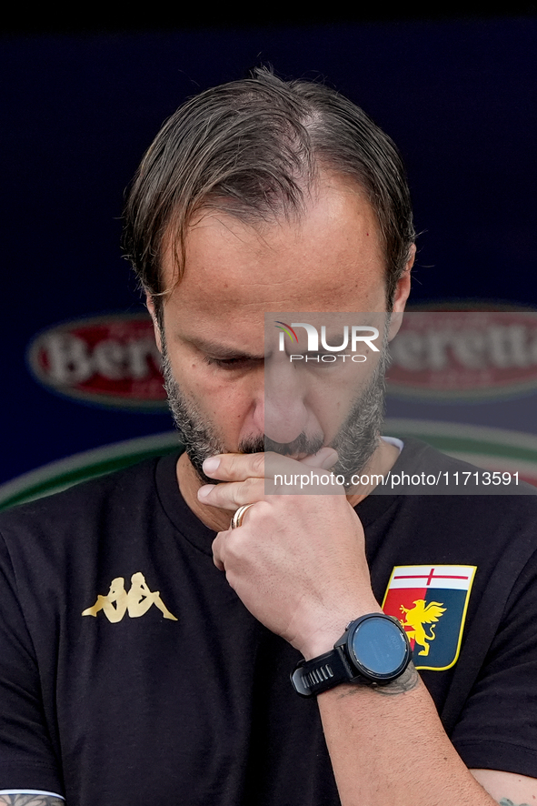 Alberto Gilardino head coach of Genoa CFC seems thoughtfulduring the Serie A Enilive match between SS Lazio and Genoa CF at Stadio Olimpico...