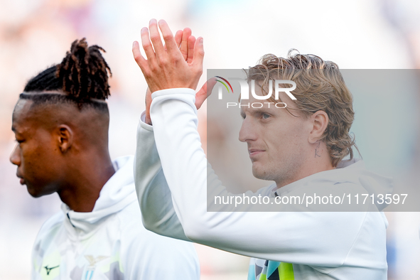 Nicolo' Rovella of SS Lazio gestures during the Serie A Enilive match between SS Lazio and Genoa CF at Stadio Olimpico on October 27, 2024 i...