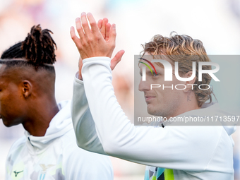 Nicolo' Rovella of SS Lazio gestures during the Serie A Enilive match between SS Lazio and Genoa CF at Stadio Olimpico on October 27, 2024 i...