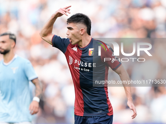 Johan Vasquez of Genoa CFC reacts during the Serie A Enilive match between SS Lazio and Genoa CF at Stadio Olimpico on October 27, 2024 in R...