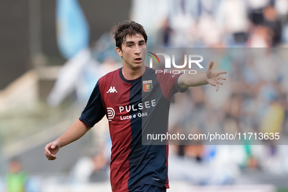 Fabio Miretti of Genoa CFC gestures during the Serie A Enilive match between SS Lazio and Genoa CF at Stadio Olimpico on October 27, 2024 in...