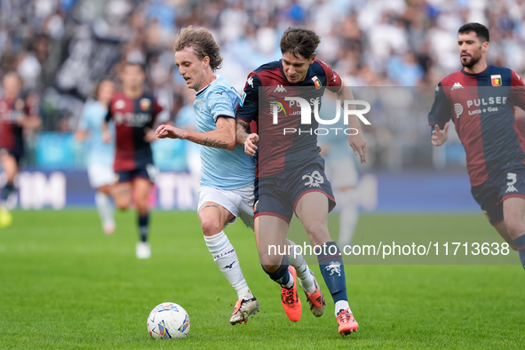 Alessandro Zanoli of Genoa CFC and Nicolo' Rovella of SS Lazio during the Serie A Enilive match between SS Lazio and Genoa CF at Stadio Olim...