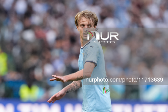 Nicolo' Rovella of SS Lazio gestures during the Serie A Enilive match between SS Lazio and Genoa CF at Stadio Olimpico on October 27, 2024 i...