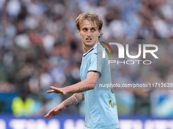 Nicolo' Rovella of SS Lazio gestures during the Serie A Enilive match between SS Lazio and Genoa CF at Stadio Olimpico on October 27, 2024 i...