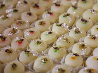 Traditional Indian sweets are displayed at a sweet shop for the upcoming festival of Diwali in Mississauga, Ontario, Canada, on October 26,...