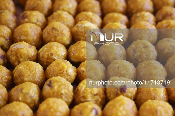 Laddus (a traditional Indian sweet) are displayed at a sweet shop for the upcoming festival of Diwali in Mississauga, Ontario, Canada, on Oc...