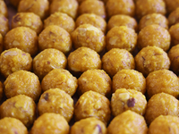 Laddus (a traditional Indian sweet) are displayed at a sweet shop for the upcoming festival of Diwali in Mississauga, Ontario, Canada, on Oc...