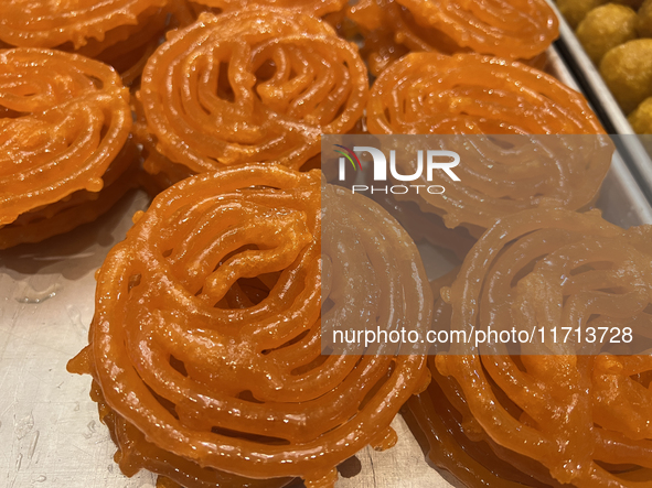 Jalebis (a traditional Indian sweet) are displayed at a sweet shop for the upcoming festival of Diwali in Mississauga, Ontario, Canada, on O...