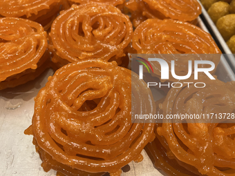 Jalebis (a traditional Indian sweet) are displayed at a sweet shop for the upcoming festival of Diwali in Mississauga, Ontario, Canada, on O...