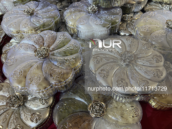 Nuts in fancy boxes are displayed at a sweet shop for the upcoming festival of Diwali in Mississauga, Ontario, Canada, on October 26, 2024. 