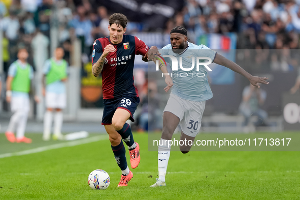 Alessandro Zanoli of Genoa CFC and Nuno Tavares of SS Lazio compete for the ball during the Serie A Enilive match between SS Lazio and Genoa...