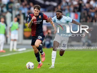 Alessandro Zanoli of Genoa CFC and Nuno Tavares of SS Lazio compete for the ball during the Serie A Enilive match between SS Lazio and Genoa...