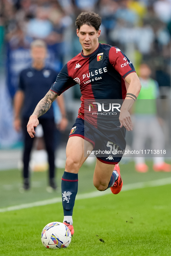 Alessandro Zanoli of Genoa CFC  during the Serie A Enilive match between SS Lazio and Genoa CF at Stadio Olimpico on October 27, 2024 in Rom...