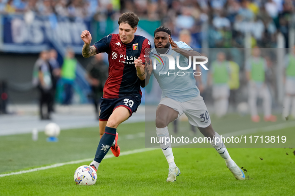 Alessandro Zanoli of Genoa CFC and Nuno Tavares of SS Lazio compete for the ball during the Serie A Enilive match between SS Lazio and Genoa...