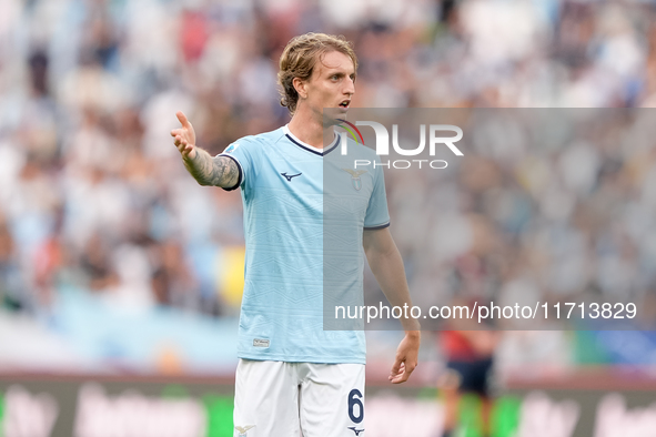 Nicolo' Rovella of SS Lazio gestures during the Serie A Enilive match between SS Lazio and Genoa CF at Stadio Olimpico on October 27, 2024 i...