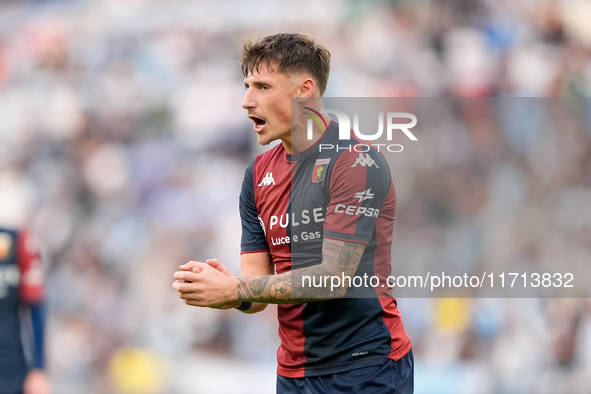 Andrea Pinamonti of Genoa CFC reacts during the Serie A Enilive match between SS Lazio and Genoa CF at Stadio Olimpico on October 27, 2024 i...