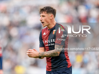 Andrea Pinamonti of Genoa CFC reacts during the Serie A Enilive match between SS Lazio and Genoa CF at Stadio Olimpico on October 27, 2024 i...