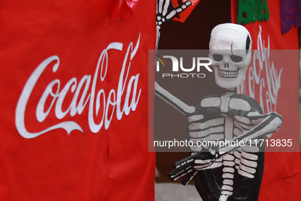 A cardboard skull is seen during the ''Tecuan Tlaloc'' exhibition, a project of The Jaen Cartoneria collective, in honor of the God Tlaloc a...