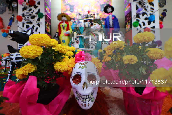 Cardboard skulls are seen during the ''Tecuan Tlaloc'' exhibition, a project of The Jaen Cartoneria collective, in honor of the God Tlaloc a...