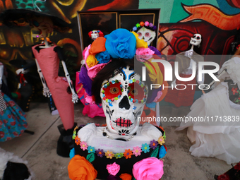 Cardboard skulls are seen during the ''Tecuan Tlaloc'' exhibition, a project of The Jaen Cartoneria collective, in honor of the God Tlaloc a...