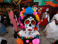 Cardboard skulls are seen during the ''Tecuan Tlaloc'' exhibition, a project of The Jaen Cartoneria collective, in honor of the God Tlaloc a...