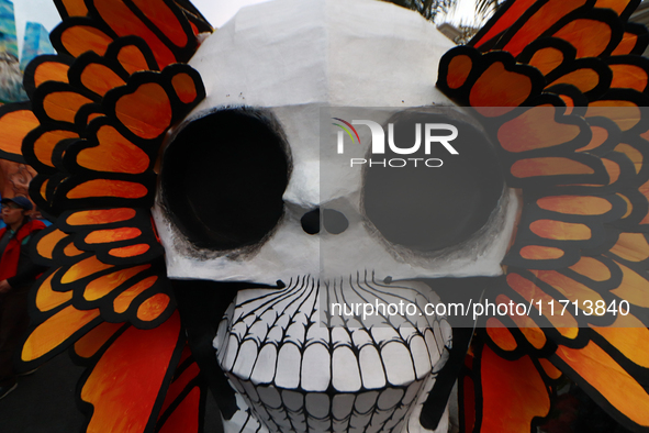 A cardboard skull is seen during the ''Tecuan Tlaloc'' exhibition, a project of The Jaen Cartoneria collective, in honor of the God Tlaloc a...