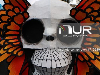 A cardboard skull is seen during the ''Tecuan Tlaloc'' exhibition, a project of The Jaen Cartoneria collective, in honor of the God Tlaloc a...