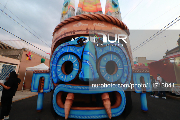 A cardboard skull is seen during the ''Tecuan Tlaloc'' exhibition, a project of The Jaen Cartoneria collective, in honor of the God Tlaloc a...