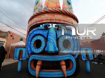 A cardboard skull is seen during the ''Tecuan Tlaloc'' exhibition, a project of The Jaen Cartoneria collective, in honor of the God Tlaloc a...