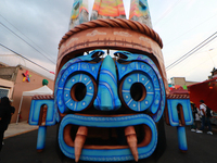 A cardboard skull is seen during the ''Tecuan Tlaloc'' exhibition, a project of The Jaen Cartoneria collective, in honor of the God Tlaloc a...