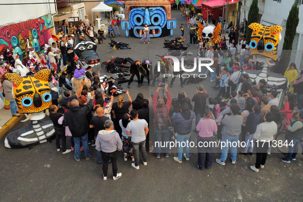 Cardboard skulls are seen during the ''Tecuan Tlaloc'' exhibition, a project of The Jaen Cartoneria collective, in honor of the God Tlaloc a...