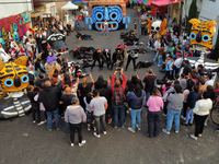 Cardboard skulls are seen during the ''Tecuan Tlaloc'' exhibition, a project of The Jaen Cartoneria collective, in honor of the God Tlaloc a...