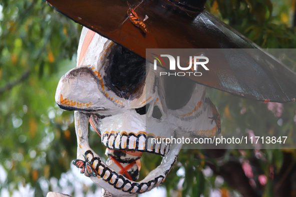 A cardboard skull is seen during the ''Tecuan Tlaloc'' exhibition, a project of The Jaen Cartoneria collective, in honor of the God Tlaloc a...