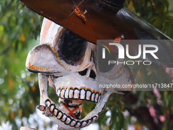 A cardboard skull is seen during the ''Tecuan Tlaloc'' exhibition, a project of The Jaen Cartoneria collective, in honor of the God Tlaloc a...